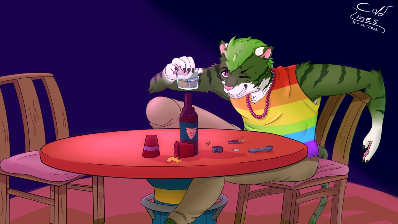 anthro beverage cold_lines drugs felid fur furniture green_body green_fur intersex light male mammal marijuana one_eye_closed pantherine purple_eyes smile smirk solo table tiger white_body white_fur wink