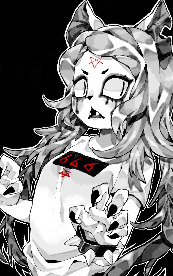666 animal_ears black_background black_claws bracer cat cat_ears cat_girl claire_d'lune claws furry furry_female gothic hb_091 long_hair monochrome open_mouth pentagram shirt simple_background slit_pupils teeth the_summoning white_fur white_shirt