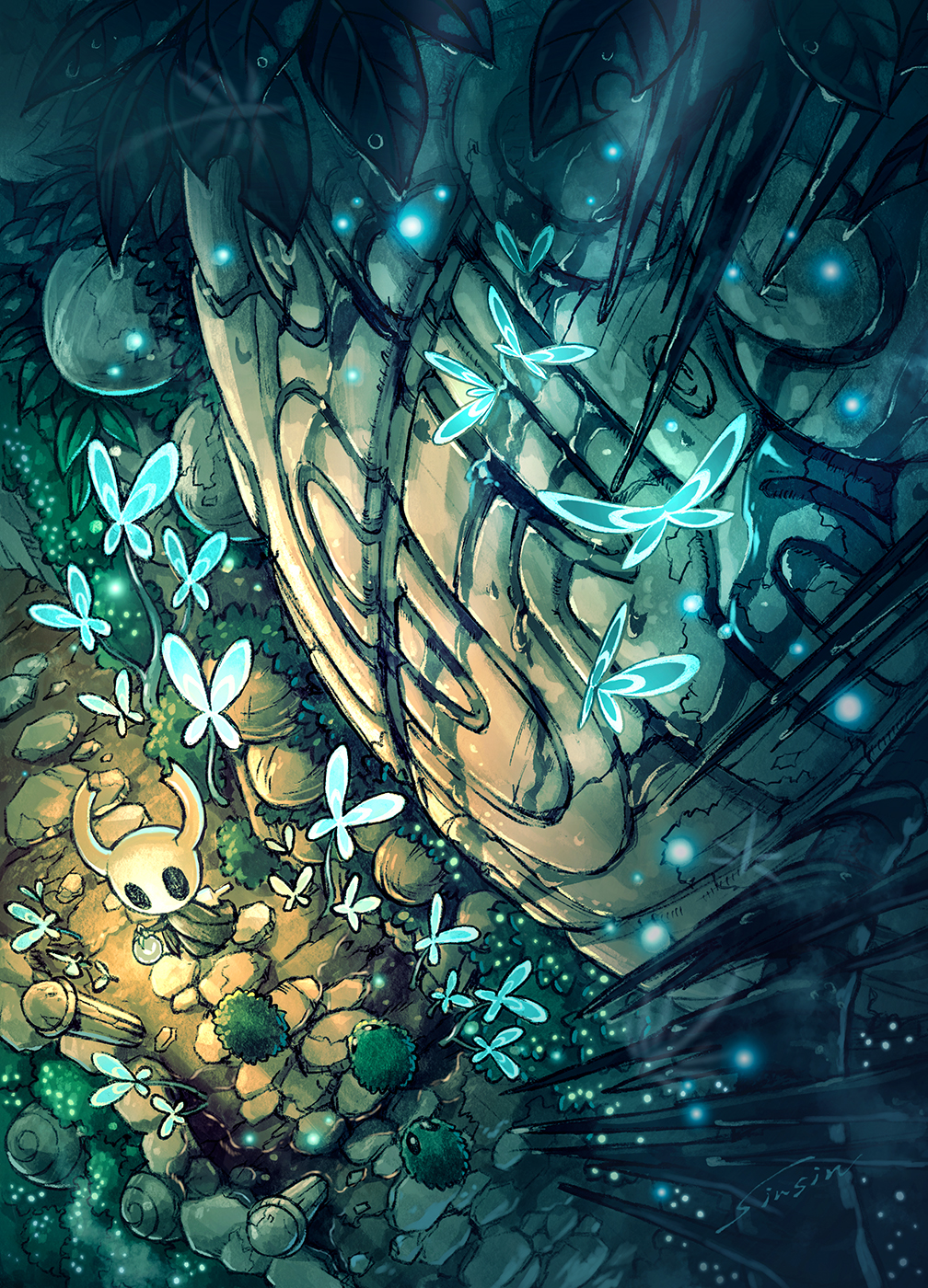artist_name blue_butterfly bug bush butterfly cobblestone commentary creature grass highres holding holding_lantern hollow_knight knight_(hollow_knight) lantern leaf mamoru_mikokoro mask mosscreep_(hollow_knight) no_humans path ruins underground water_drop