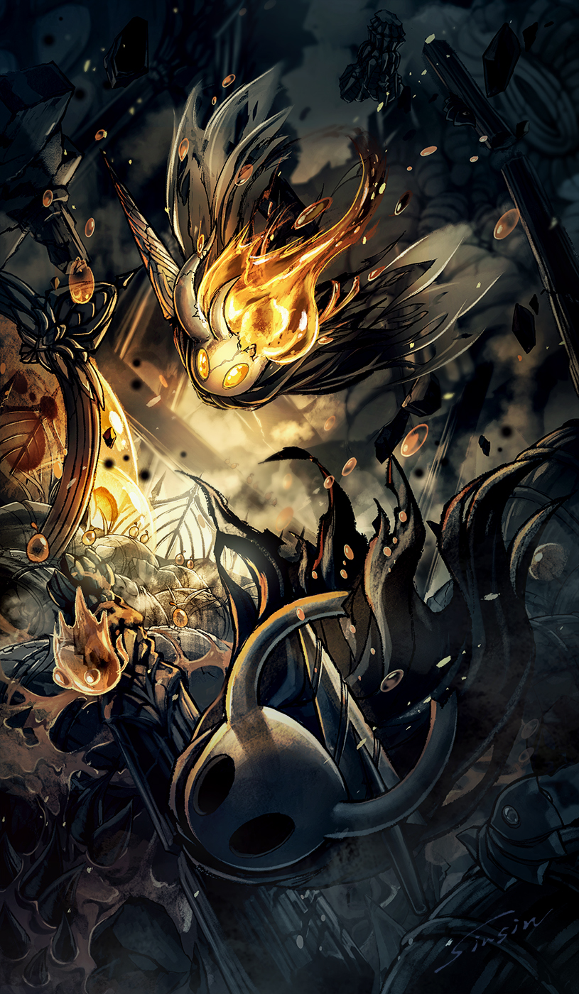 artist_name battle broken_mask broken_vessel_(hollow_knight) bug cage chasing cloak column commentary glowing glowing_eyes highres holding holding_weapon hollow_knight knight_(hollow_knight) mamoru_mikokoro mask moth_wings nail_(hollow_knight) no_humans pillar rubble spikes underground weapon wings
