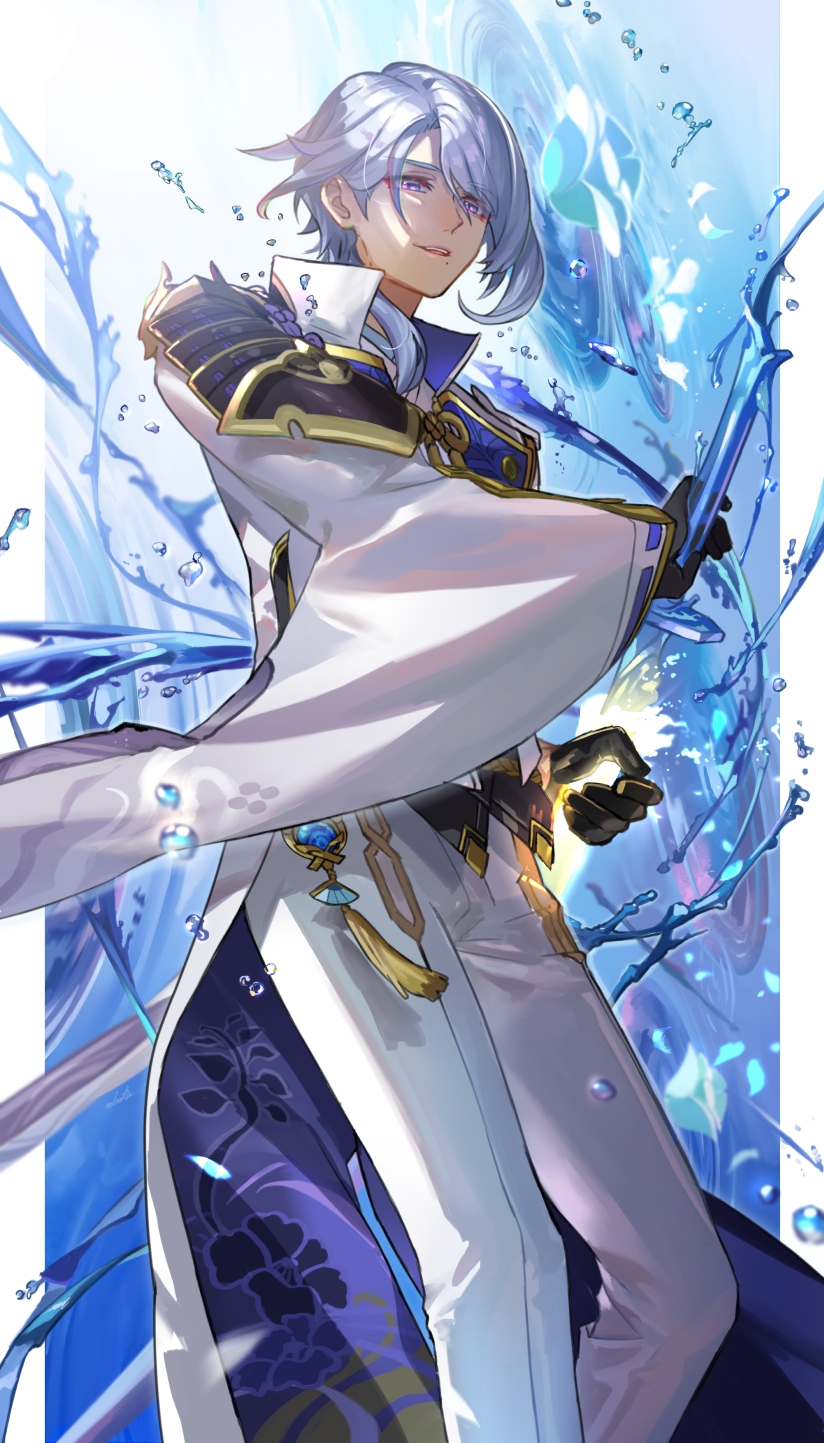 1boy black_gloves blue_eyes blue_hair genshin_impact gloves highres holding holding_sword holding_weapon kamisato_ayato male_focus mole mole_under_mouth n-bata open_mouth smirk solo standing sword teeth water weapon