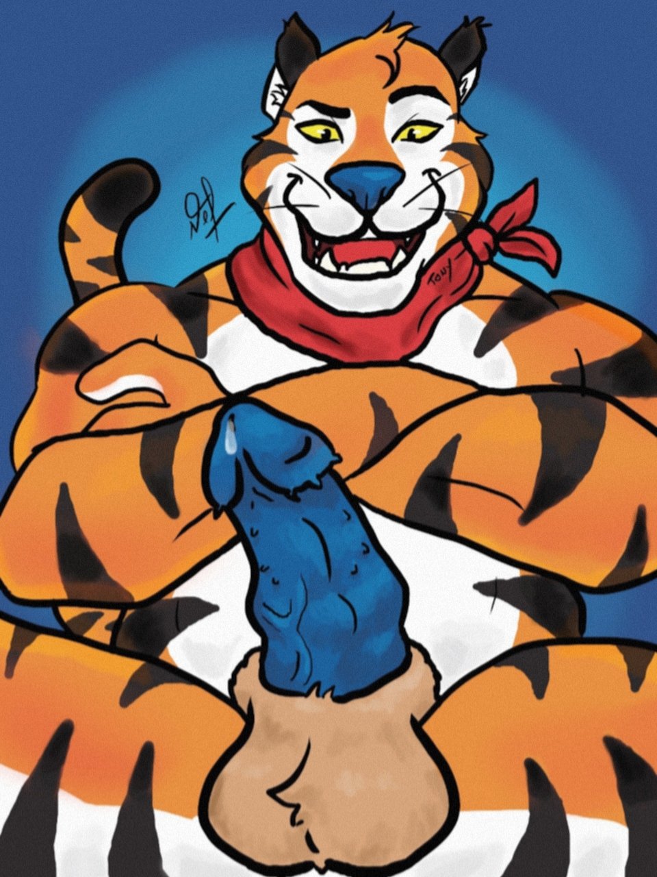 anthro bar_gheist blue_penis bodily_fluids dripping felid feral frosted_flakes genital_fluids genitals hi_res hybrid kellogg's male male/male mammal mascot pantherine penile_spines penis precum precum_drip solo stripes tiger tony_the_tiger