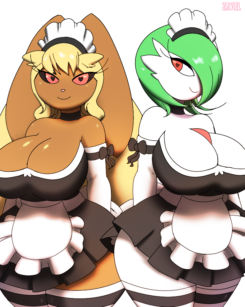 &lt;3 &lt;3_eyes 4:5 anthro big_breasts breasts choker cleavage clothed clothing duo female gardevoir generation_3_pokemon generation_4_pokemon huge_breasts humanoid jewelry lagomorph legwear leporid looking_at_viewer lopunny maid_headdress maid_uniform mammal necklace nintendo pokemon pokemon_(species) rabbit smile thick_thighs thigh_highs uniform video_games wide_hips zaviel