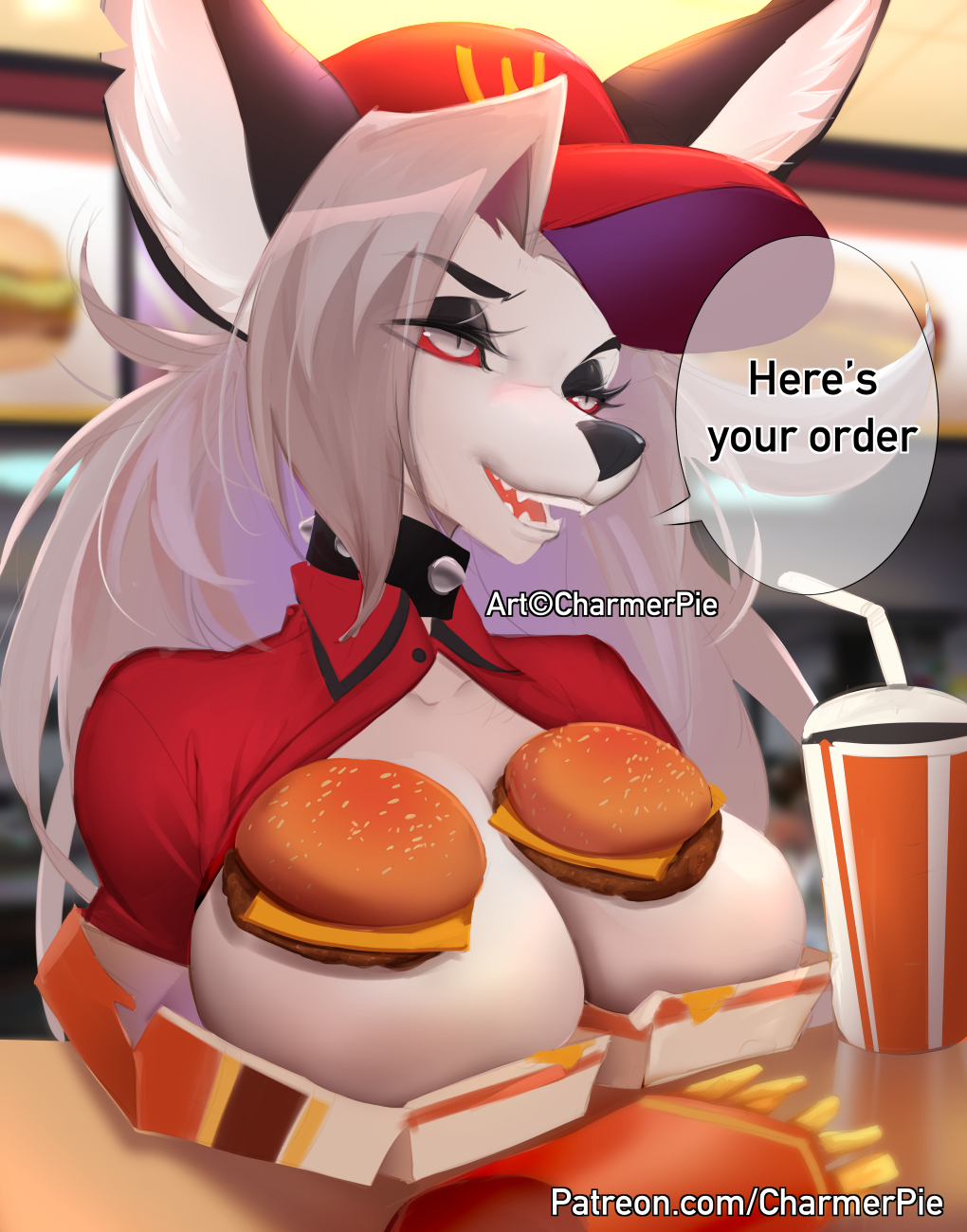 anthro beverage big_breasts black_body black_fur black_nose breasts burger canid canid_demon charmerpie cheese choker clothing dairy_products demon dialogue english_text female food fries fur hair hamburger_bun hellhound helluva_boss hi_res jewelry loona_(helluva_boss) mammal necklace red_sclera solo speech_bubble spiked_choker text uniform url white_body white_eyes white_fur white_hair