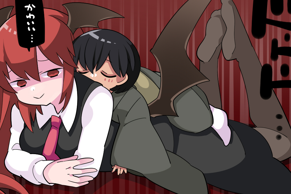 1boy 1girl black_hair black_kimono black_pantyhose black_skirt black_vest blush closed_eyes closed_mouth collared_shirt demon_wings empty_eyes hair_between_eyes hammer_(sunset_beach) head_wings japanese_clothes kimono koakuma long_hair long_sleeves necktie pantyhose red_eyes red_hair red_necktie shaded_face shirt short_hair skirt smirk speech_bubble touhou translation_request vest white_shirt wide_sleeves wings