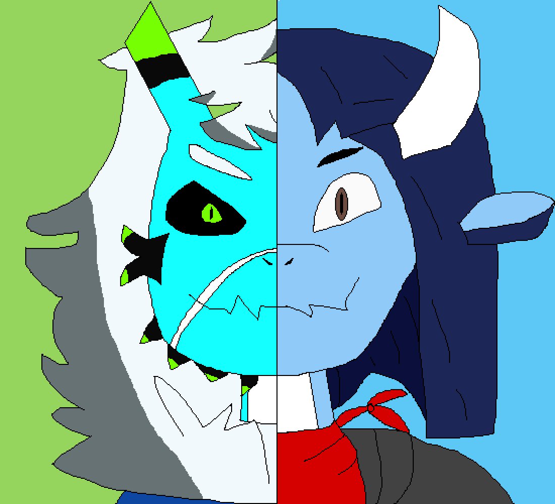 ace_(kamex) anthro black_sclera blizzerum blue_body bovid caprine clothing demon digital_media_(artwork) dragon duo fur fused goat green_eyes hair horn hybrid long_hair looking_at_viewer male male/male mammal neck_tuft pixel_(artwork) pixelated retrospecter_(character) simple_background smile tuft white_hair xanderum