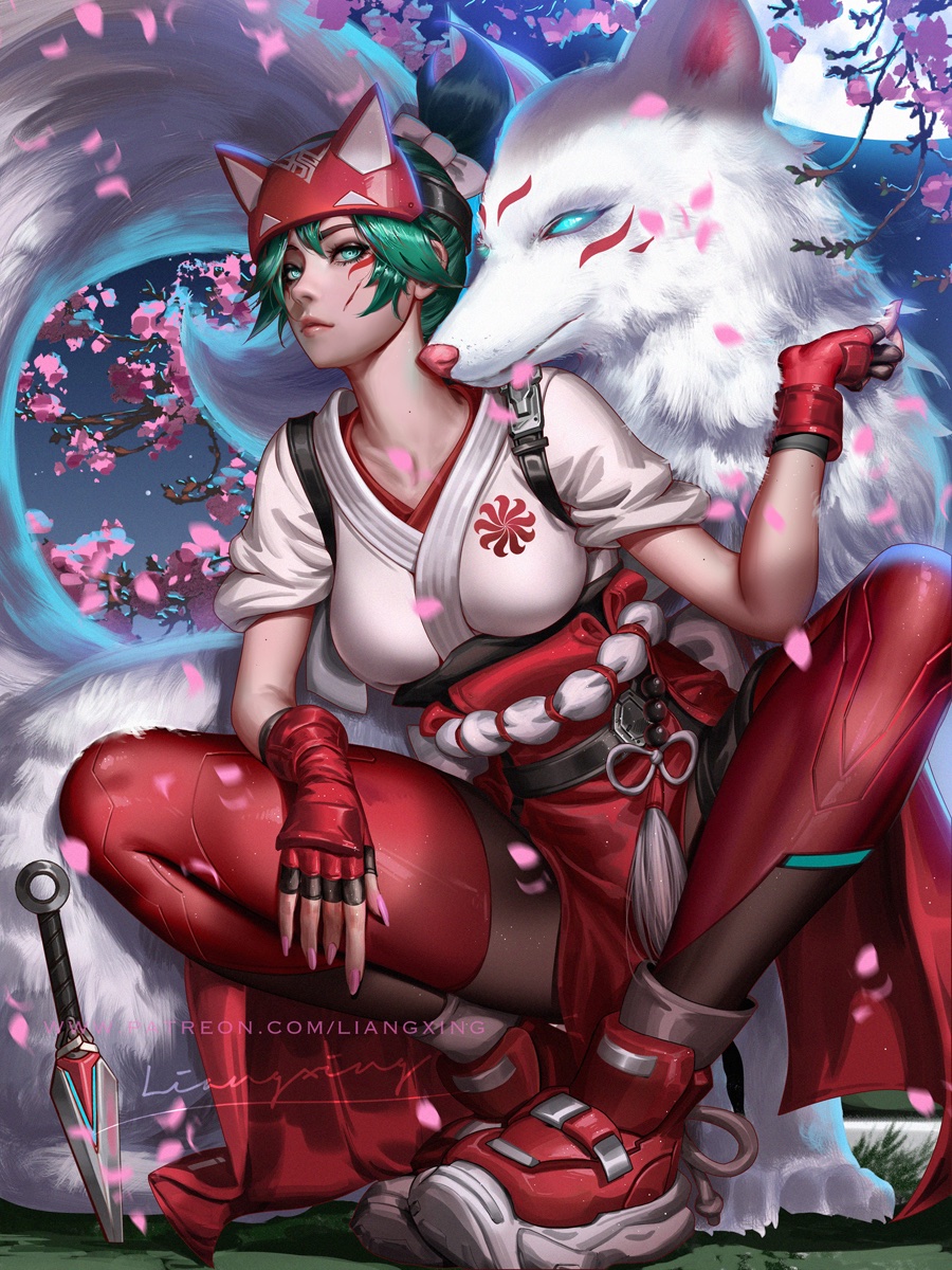 1girl artist_name blue_eyes bow breasts cherry_blossoms closed_mouth collarbone colored_shoe_soles facial_mark fingerless_gloves fingernails flower fox fox_mask gloves glowing glowing_eyes green_eyes green_hair hair_bow hakama hakama_skirt highres injury japanese_clothes kimono kiriko_(overwatch) knees_apart_feet_together kunai liang_xing long_fingernails looking_at_viewer mask moon night night_sky ninja outdoors overwatch overwatch_2 patreon_username pelvic_curtain petals petting pink_flower pink_nails red_footwear red_hakama red_thighhighs rope_belt shoes short_hair signature skirt sky sleeves_rolled_up sneakers squatting tassel thighhighs topknot weapon web_address white_kimono