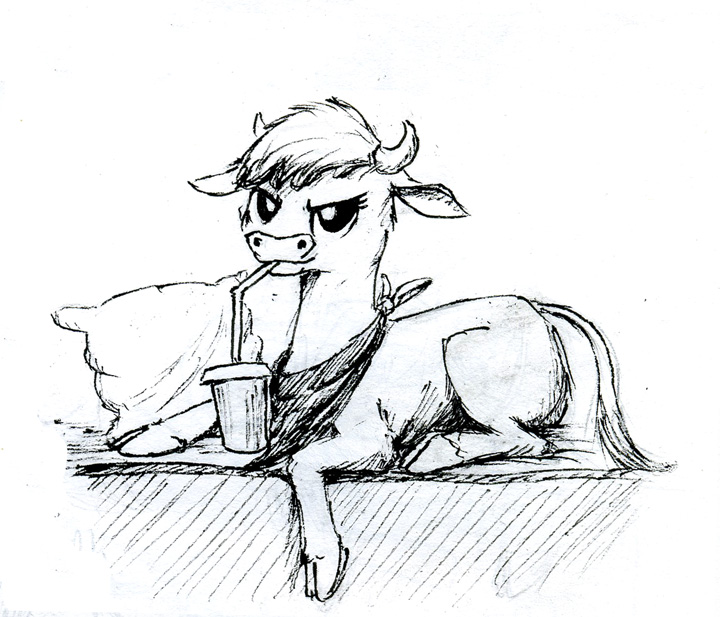 2015 arizona_cow_(tfh) bandanna black_and_white bovid bovine cattle cloven_hooves container cup drinking drinking_straw drinking_straw_in_mouth el-yeguero female hooves horn inktober kerchief looking_at_viewer lying mammal monochrome neckerchief on_front pillow simple_background sipping solo them's_fightin'_herds traditional_media_(artwork) white_background
