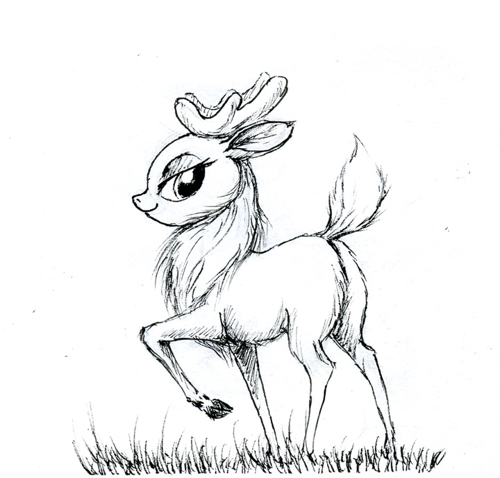 2015 antlers black_and_white butt capreoline cervid cloven_hooves el-yeguero female feral fur grass hooves horn inktober lidded_eyes looking_at_viewer looking_back looking_back_at_viewer mammal monochrome plant raised_hoof raised_leg raised_tail rear_view reindeer simple_background smile solo them's_fightin'_herds traditional_media_(artwork) velvet_reindeer_(tfh) white_background