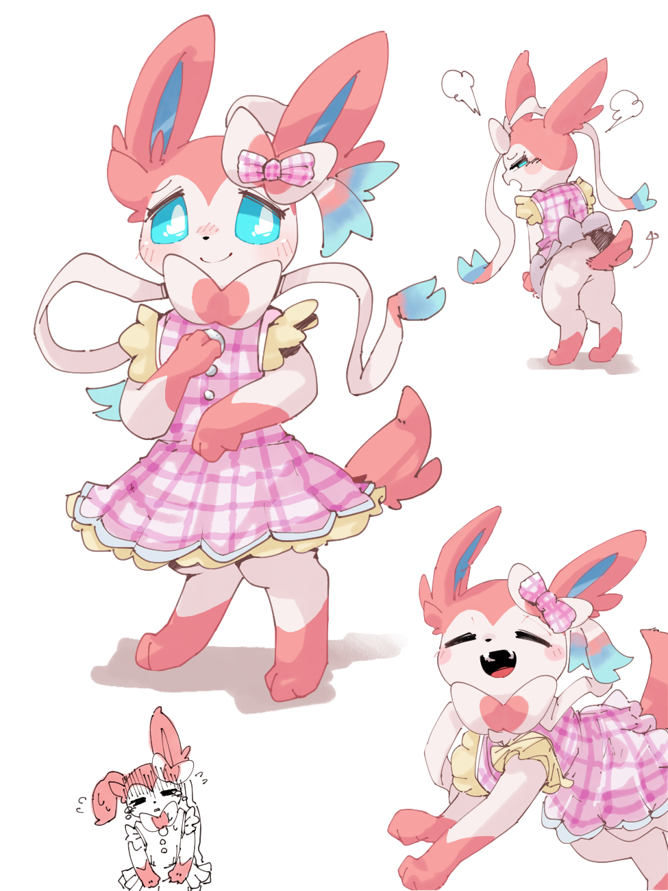 3:4 3_fingers 3_toes all_fours angry anthro anthrofied barefoot biped black_nose blue_eyes blue_inner_ear blush bow_(feature) bow_accessory canid clothed clothing colored digital_media_(artwork) digitigrade directional_arrow dress ear_bow eeveelution eyes_closed featureless_crotch feet female fingers flustered frilly frilly_clothing frilly_dress front_view full-length_portrait fully_clothed fur generation_6_pokemon gloves_(marking) happy hi_res kemono leg_markings looking_at_viewer looking_back looking_back_at_viewer mammal markings monotone_ears monotone_tail multicolored_body multicolored_fur multiple_images neck_bow netchy_boo nintendo no_sclera no_underwear open_mouth open_smile paws pink_body pink_bow pink_clothing pink_dress pink_ears pink_fur pink_tail pokemon pokemon_(species) pokemorph portrait pupils rear_view ribbons semi-anthro shaded simple_background smile socks_(marking) solo standing sylveon three-quarter_view toes tuft two_tone_body two_tone_fur video_games white_background white_body white_fur white_pupils white_ribbon