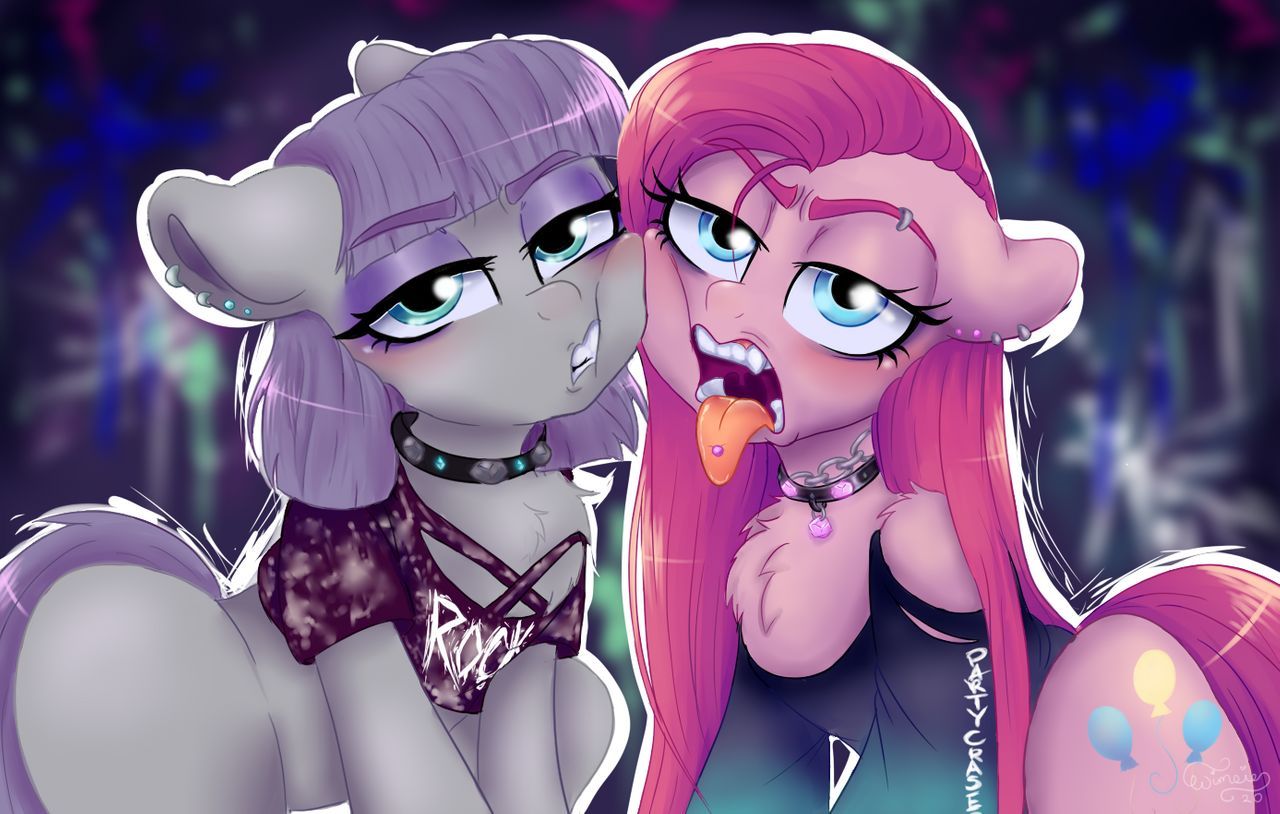 2020 blush bottomless chain chest_tuft clothed clothing collar cutie_mark digital_media_(artwork) duo ear_piercing ear_ring earth_pony equid equine eyebrow_piercing eyebrow_through_hair eyebrows eyelashes eyeshadow facial_piercing female feral friendship_is_magic fur grey_body grey_fur hair half-closed_eyes hasbro horse jewelry looking_at_viewer makeup mammal maud_pie_(mlp) my_little_pony narrowed_eyes necklace piercing pink_body pink_fur pink_hair pinkamena_(mlp) pinkie_pie_(mlp) pony purple_eyeshadow purple_hair ring_piercing sibling sister sisters teeth tongue tongue_out tongue_piercing topwear translucent translucent_hair tuft wimsie