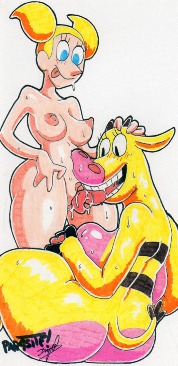 2019 anthro big_butt blush blush_lines bodily_fluids butt cartoon_network cow_(cow_and_chicken) cow_and_chicken cunnilingus dee_dee dexter's_laboratory duo female female/female genitals glistening glistening_body hand_on_head hi_res human mammal oral parasitedeath sex sweat sweatdrop sweaty_genitalia teeth tongue tongue_out traditional_media_(artwork) vaginal