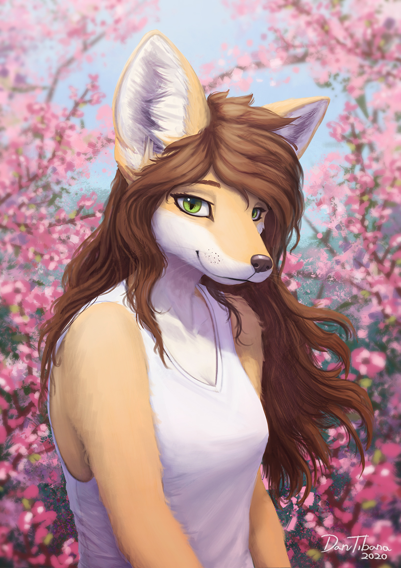 anthro breasts brown_hair canid canine cherry_blossom clothed clothing daniel_tibana female flower fox fur green_eyes hair inner_ear_fluff long_hair looking_at_viewer mammal orange_body orange_fur outside plant portrait sky sleeveless_shirt smile solo tree tuft white_body white_fur