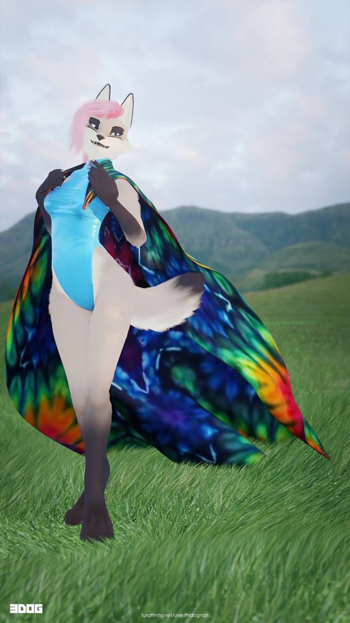 3d_(artwork) anthro canid canine canis claws clothed clothing digital_media_(artwork) female fox fur grass hair hi_res impreza looking_at_viewer mammal mountain multicolored_body outside pink_hair plaid plant simple_background solo swimwear tan_body tan_fur tridognait