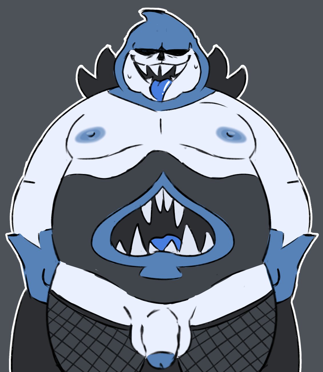 anthro balls belly big_belly blue_nipples bodily_fluids bottomwear clothed clothing darkner deltarune flaccid genitals hi_res hood humanoid king_spade male male/male mature_anthro mature_male monster moobs nipples overweight overweight_male partially_clothed penis slightly_chubby smut_leo solo sweat undertale_(series) video_games white_body