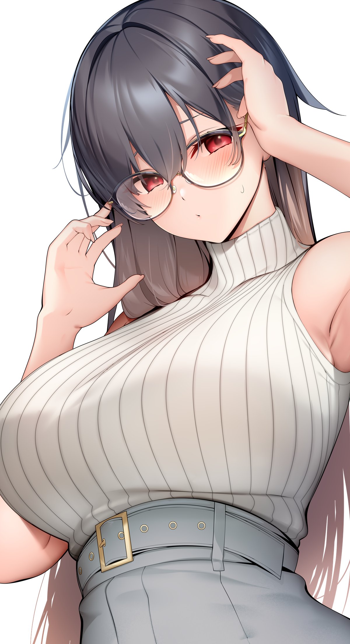 adjusting_eyewear belt black_hair blush breasts brown_hair character_request copyright_request dot_mouth glasses gradient_hair grey_skirt high-waist_skirt highres large_breasts long_hair looking_at_viewer multicolored_hair red_eyes ryuji_(ikeriu) skirt sleeveless sleeveless_turtleneck sweater turtleneck underbust white_background white_sweater