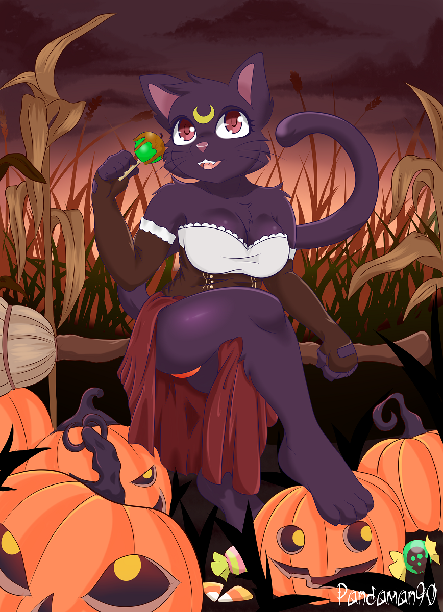 anthro apple breasts broom candy candy_apple cleaning_tool cleavage clothed clothing corn corset dessert domestic_cat felid feline felis female food fruit halloween hi_res holding_object holidays jack-o'-lantern lingerie luna_(sailor_moon) magic_user mammal pandaman90 panties plant pumpkin sailor_moon_(series) solo topwear underwear upskirt witch