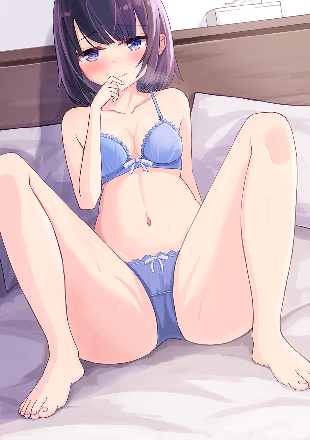 1girl bare_legs barefoot bed bed_sheet blue_bra blue_panties blush bra breasts cleavage closed_mouth collarbone commentary_request crotch enokitake feet highres looking_at_viewer m_legs navel on_bed original panties pillow purple_eyes purple_hair sitting small_breasts solo spread_legs stomach thighs tissue_box toes underwear underwear_only