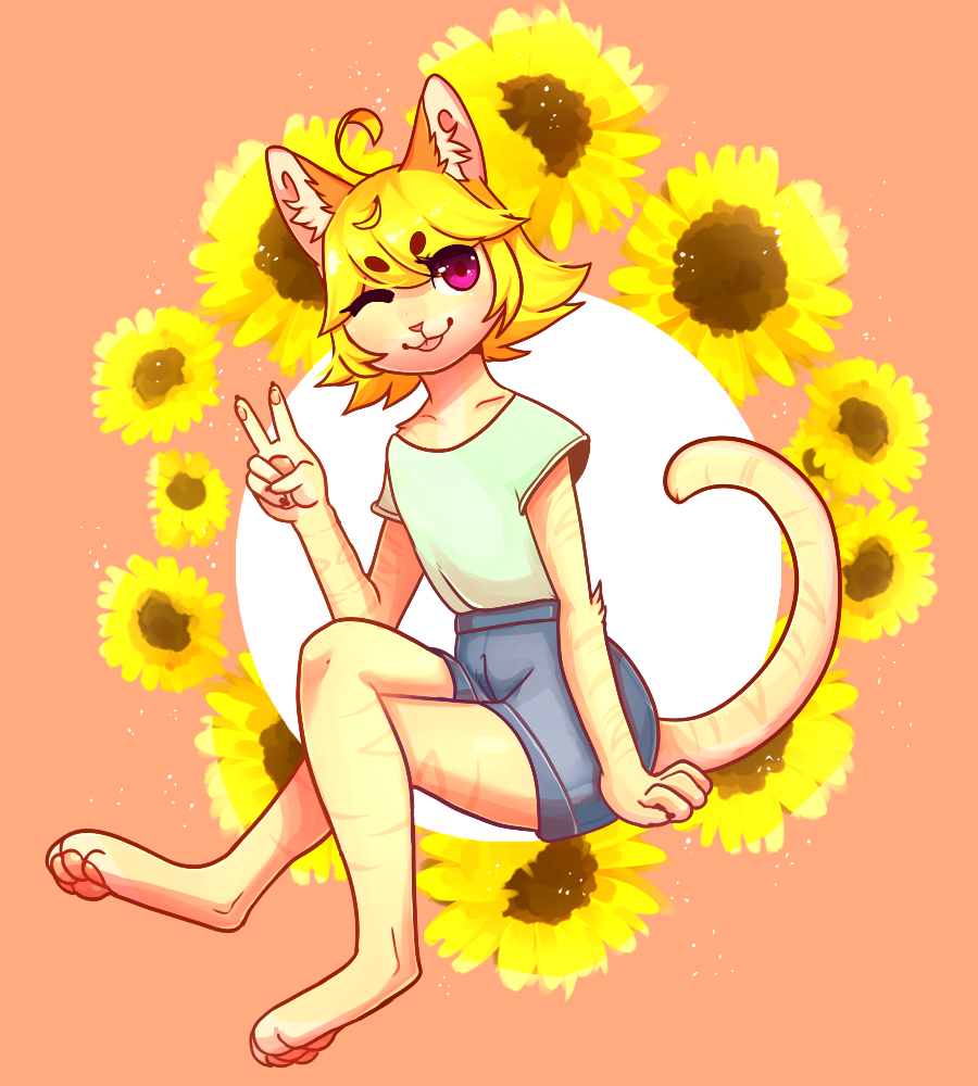 anthro blonde_hair bottomwear clothing domestic_cat felid feline felis female flower hair looking_at_viewer mammal one_eye_closed pawpads plant runelocks shirt shorts sitting smile solo sunflowers topwear wink