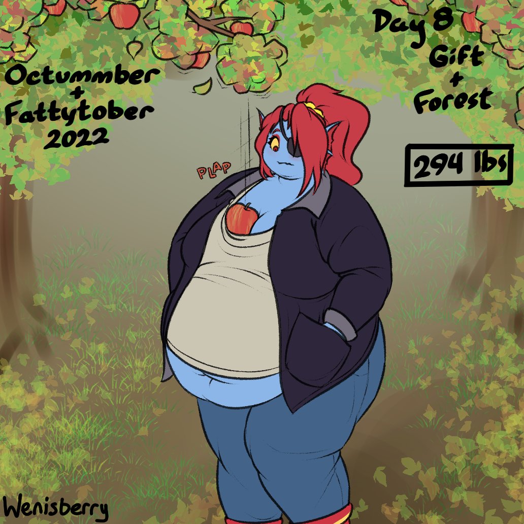 anthro apple belly_overhang big_breasts blue_body blue_scales boots bottomwear breasts clothing eye_patch eyewear female fish footwear forest hair looking_down marine number obese obese_female overweight overweight_female pants plant ponytail red_clothing red_eyes red_footwear red_hair red_shoes scales shirt shoes signature solo sweater text topwear tree undertale_(series) undyne weight_gain wenisberry