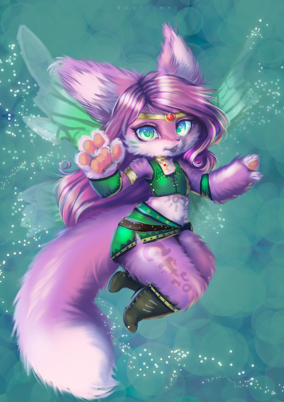 2020 big_ears big_tail booficent boots bottomwear canid canine cheek_tuft clothing cosplay detailed digital_drawing_(artwork) digital_media_(artwork) facial_tuft female fennec fluffy fluffy_ears fluffy_tail footwear fox fur green_bottomwear green_clothing green_skirt green_topwear hair headgear headwear hi_res insect_wings jewelry kameo kameo:_elements_of_power looking_at_viewer mammal pawpads paws purple_body purple_fur purple_hair purple_tail skirt solo teal_eyes topwear tuft wings