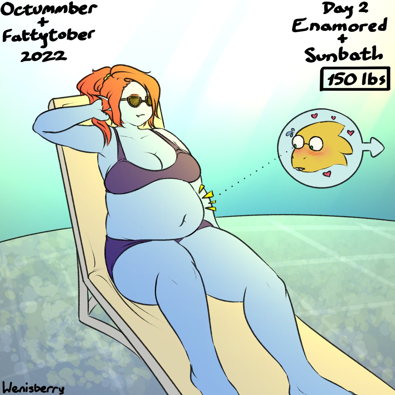 &lt;3 alphys anthro blue_body blue_scales blush bodily_fluids bra breasts chair clothing dinosaur duo eyewear female fish furniture hair hand_behind_head hi_res marine number offscreen_character ponytail red_hair reptile scales scalie signature slightly_chubby stare sunglasses sweat text undertale_(series) underwear undyne weight_gain wenisberry