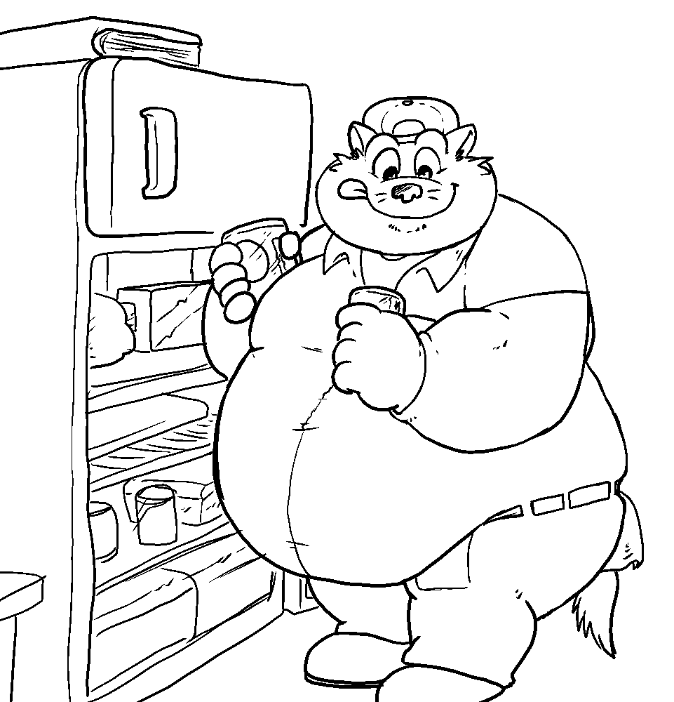 2022 anthro appliance belly big_belly bottomwear clothing domestic_cat fatyogi felid feline felis food fridge hanna-barbera hat headgear headwear kitchen_appliance male mammal obese obese_male overweight overweight_male pants solo swat_kats tongue tongue_out