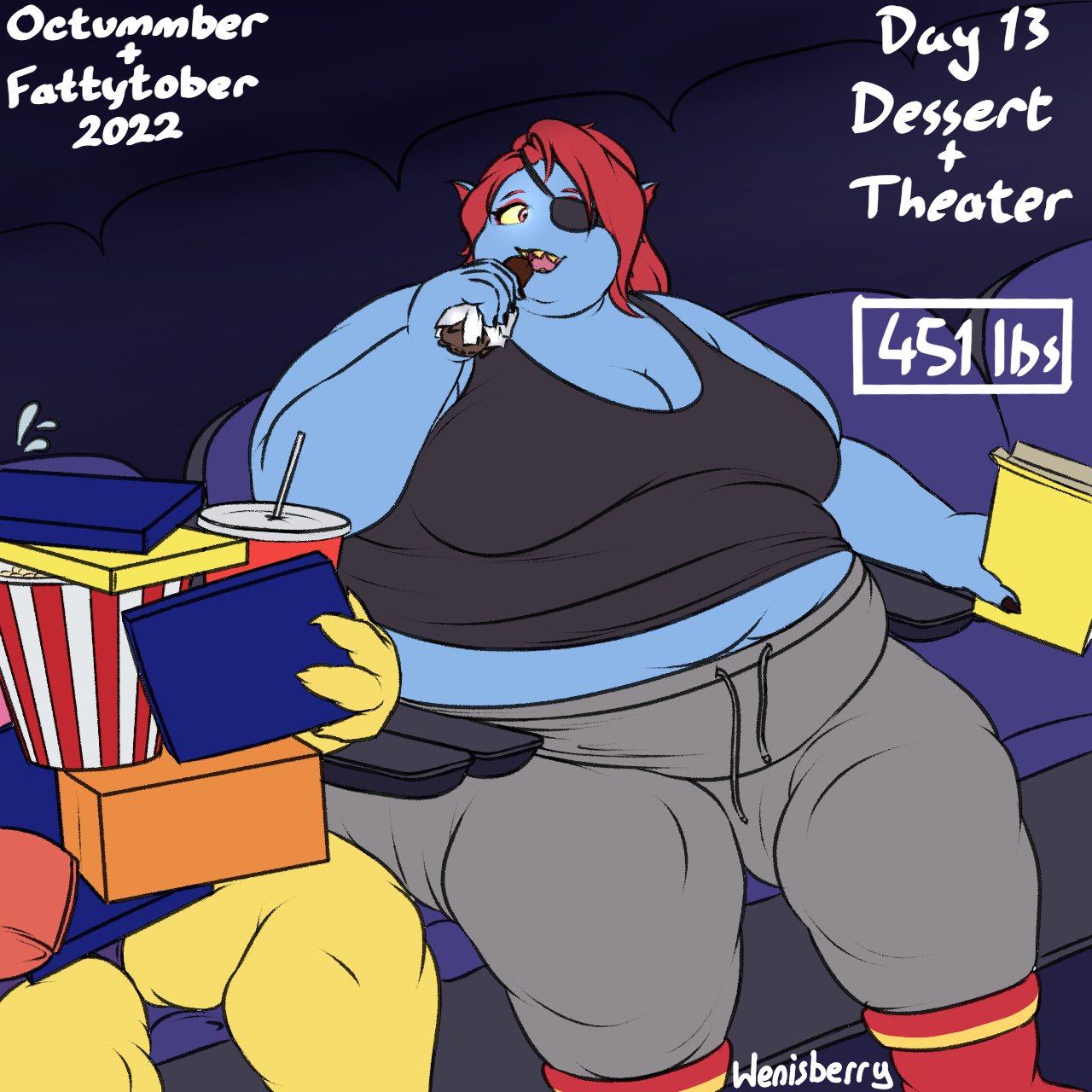 alphys anthro beverage big_breasts blue_body blue_scales bodily_fluids boots breasts candy chocolate clothing dessert dinosaur duo eating eye_patch eyewear female fish food footwear hair hi_res marine movie_theater number obese obese_female overweight overweight_female ponytail popcorn red_eyes red_hair reptile scales scalie shirt signature sitting soda sweat sweatdrop sweatpants tank_top text topwear undertale_(series) undyne weight_gain wenisberry