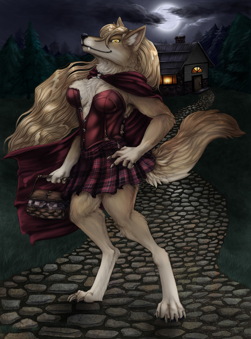 anthro arania basket blonde_hair bottomwear breasts canid canine canis cleavage cloak clothed clothing container fangs female forest fur gloves_(marking) hair hi_res mammal markings moon night outside plant skirt solo tan_body tan_fur tree wolf yellow_eyes