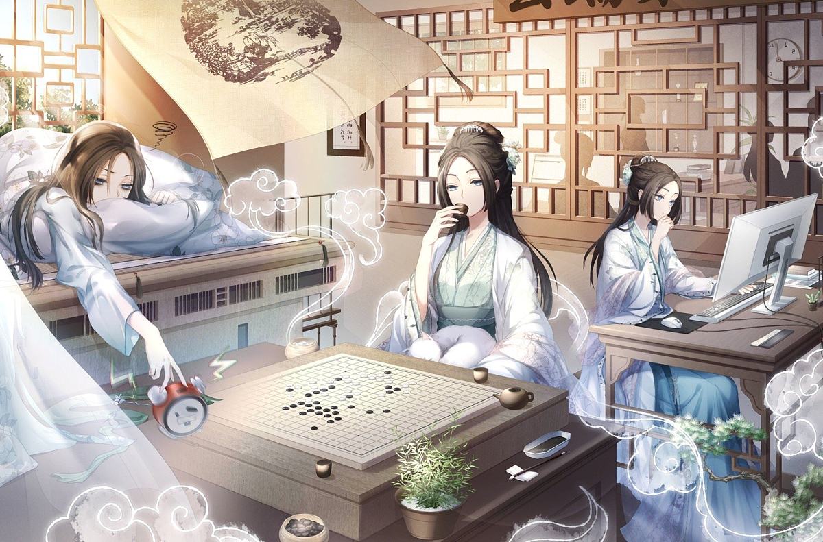3girls alarm_clock artist_request board_game brown_hair clock cup curtains drink fog go_(board_game) grey_eyes hand_on_own_chin holding holding_cup incense incense_burner japanese_clothes keyboard_(computer) kimono monitor mouse_(computer) multiple_girls official_art on_bed people plant shining_nikki silhouette sitting sleepy sunlight teacup teapot white_kimono window