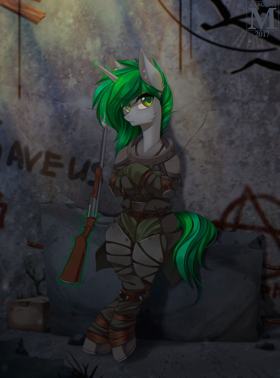 armor bethesda_softworks equid equine fallout fallout_equestria female feral friendship_is_magic green_eyes green_hair gun hair hasbro hi_res horn inner_ear_fluff jade_meadow(plaguedwolf) leaning_on_wall magic mammal margony my_little_pony raider_(fallout) ranged_weapon shotgun solo tuft unicorn video_games weapon