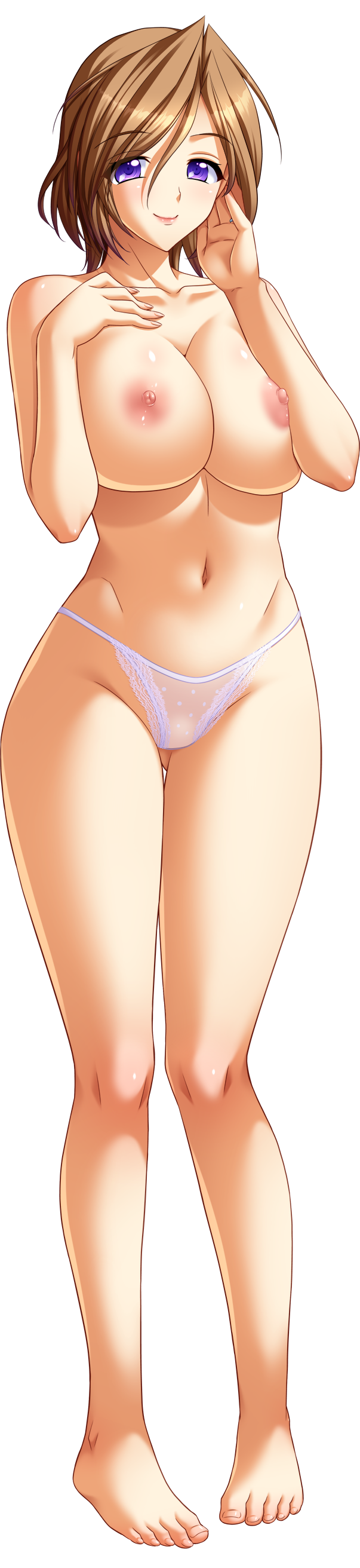 1girl absurdres barefoot breast_suppress breasts brown_hair chijoku_no_seifuku collarbone full_body hand_to_head highres huge_breasts lace-trimmed_panties lace_trim looking_at_viewer mizushima_oonari navel nipples non-web_source official_art panties photoshop_(medium) purple_eyes short_hair smile solo standing tachi-e tall_image tokuzawa_akemi topless transparent_background underwear white_panties