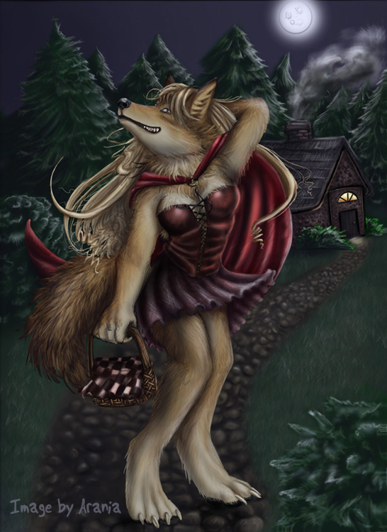 anthro arania basket blonde_hair bottomwear breasts brown_body brown_fur canid canine canis cloak clothed clothing container female forest fur hair mammal moon night outside plant shy skirt solo tree wolf