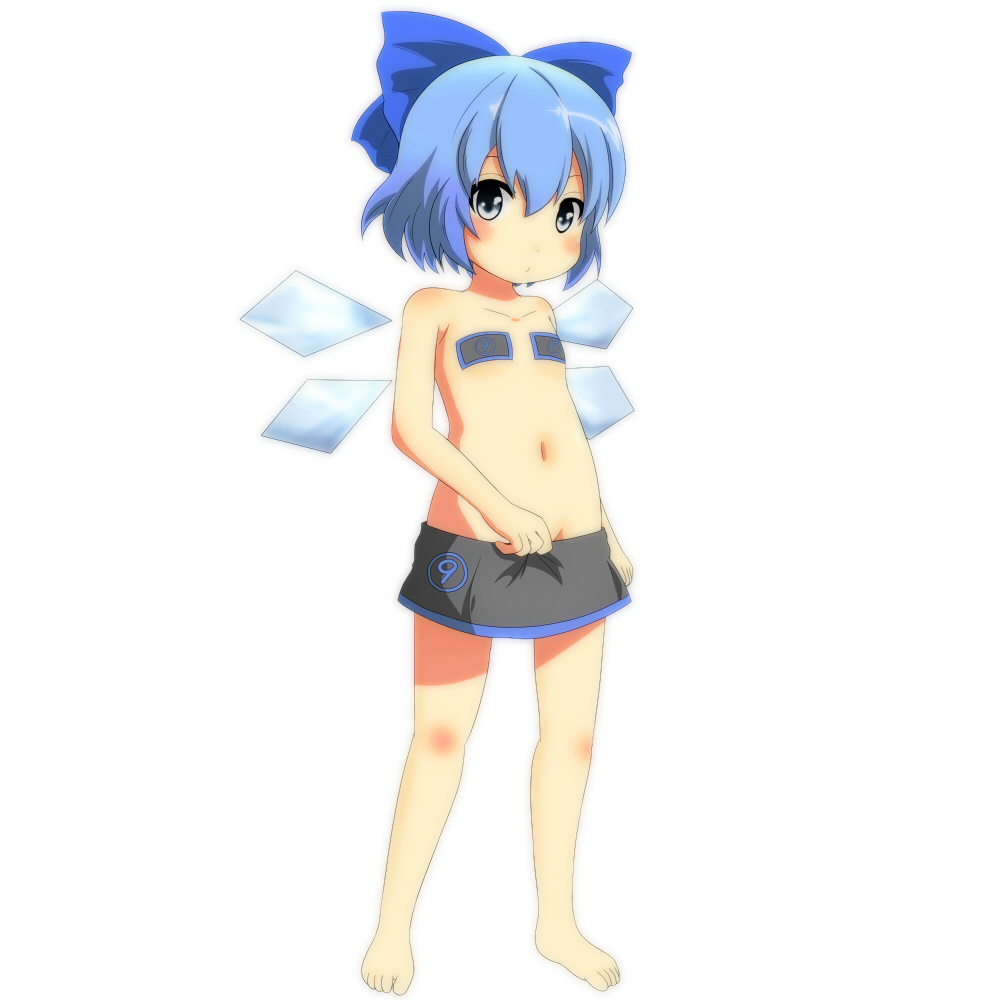 1girl bad_id bad_pixiv_id barefoot blue_eyes blue_hair blush bow censored child cirno flat_chest full_body hair_bow lowleg navel no_panties pasties short_hair simple_background skirt solo standing topless touhou ukami wings
