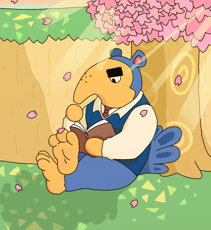 3_toes aardvark animal_crossing anthro barefoot blue_clothing blue_topwear blue_vest bottomless cherry_blossom cherry_blossom_tree cherry_tree chippyyumyum clothed clothing cyrano_(animal_crossing) dress_shirt feet flower_petals fruit_tree grass light light_beam male mammal necktie nintendo outside paws petals plant reading red_necktie shirt sitting soles solo sunbeam sunlight toes topwear tree vest video_games