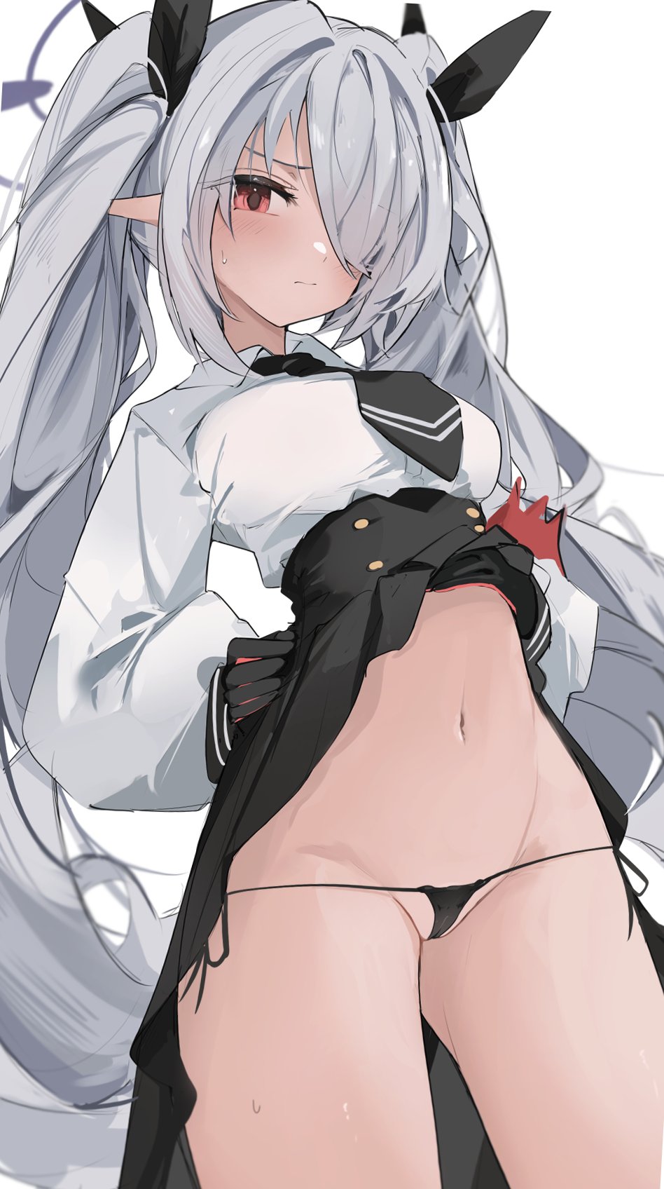 1girl black_gloves black_necktie black_panties black_skirt blue_archive blush breasts cameltoe clothes_lift dark-skinned_female dark_skin gloves grey_hair groin hair_over_one_eye halo high-waist_skirt highres iori_(blue_archive) lifted_by_self long_hair looking_at_viewer medium_breasts micro_panties mikozin navel necktie one_eye_covered panties pointy_ears red_eyes school_uniform shirt side-tie_panties simple_background skirt skirt_lift solo string_panties sweatdrop twintails underwear very_long_hair white_background white_shirt