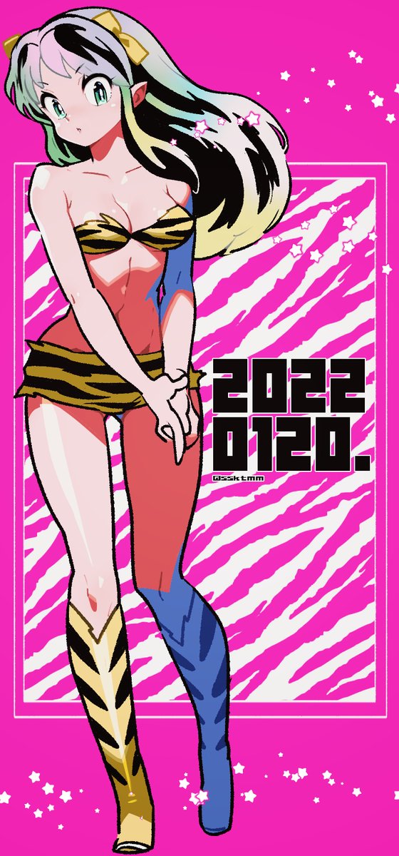 1girl animal_print bare_arms bikini boots bow breasts cleavage dated fujimoto_hideaki full_body green_eyes green_hair hair_bow highres knee_boots long_hair looking_at_viewer lum medium_breasts midriff own_hands_clasped own_hands_together parted_lips pink_background pointy_ears print_bikini print_footwear solo strapless strapless_bikini swimsuit tiger_print urusei_yatsura wide-eyed yellow_bow