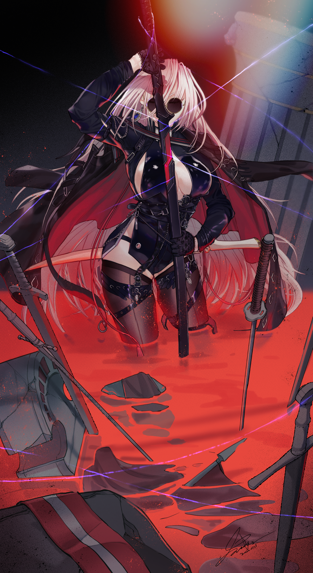 1girl ambiguous_red_liquid black_gloves cleavage_cutout clothing_cutout dungeon_and_fighter female_slayer_(dungeon_and_fighter) gloves highres jacket jacket_on_shoulders long_hair long_sleeves mature_female mo_bing pillar planted planted_sword revealing_clothes rubble solo spectre_(dungeon_and_fighter) sunglasses sword thighhighs thread upper_body weapon white_hair