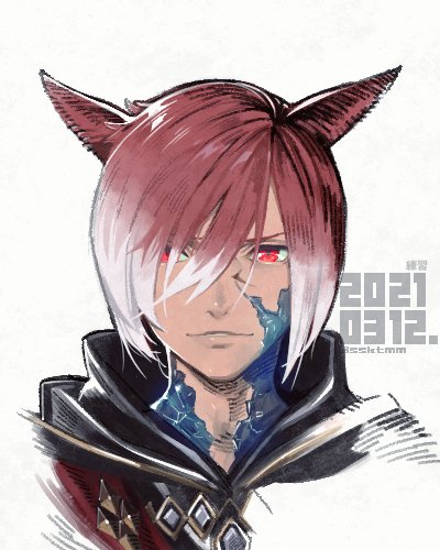 1boy animal_ears black_cloak bob_cut cat_boy cat_ears cloak crystal_exarch dated facial_mark final_fantasy final_fantasy_xiv fujimoto_hideaki g'raha_tia hair_between_eyes looking_at_viewer lowres male_focus miqo'te portrait red_eyes red_hair short_hair slit_pupils smile solo upper_body white_background