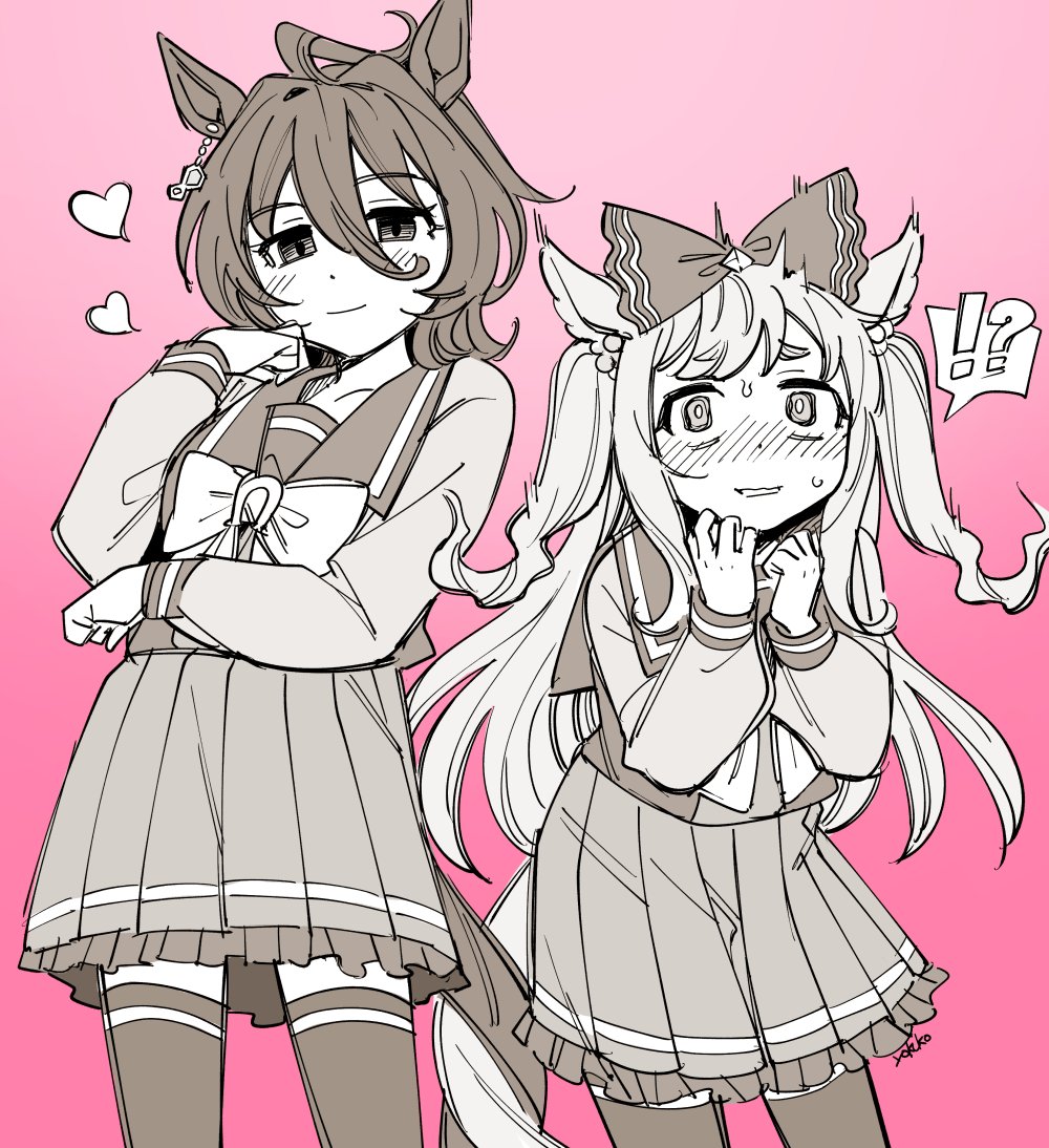 ! !? ? agnes_digital_(umamusume) agnes_tachyon_(umamusume) animal_ears blush bow bowtie commentary_request cowboy_shot earrings greyscale hair_bow heart horse_ears horse_girl horse_tail jewelry long_hair long_sleeves matching_outfit monochrome pink_background pleated_skirt sailor_collar school_uniform serafuku short_hair single_earring skirt spoken_exclamation_mark spoken_question_mark sweatdrop tail tails_touching thighhighs tracen_school_uniform twintails umamusume yokuko_zaza zettai_ryouiki