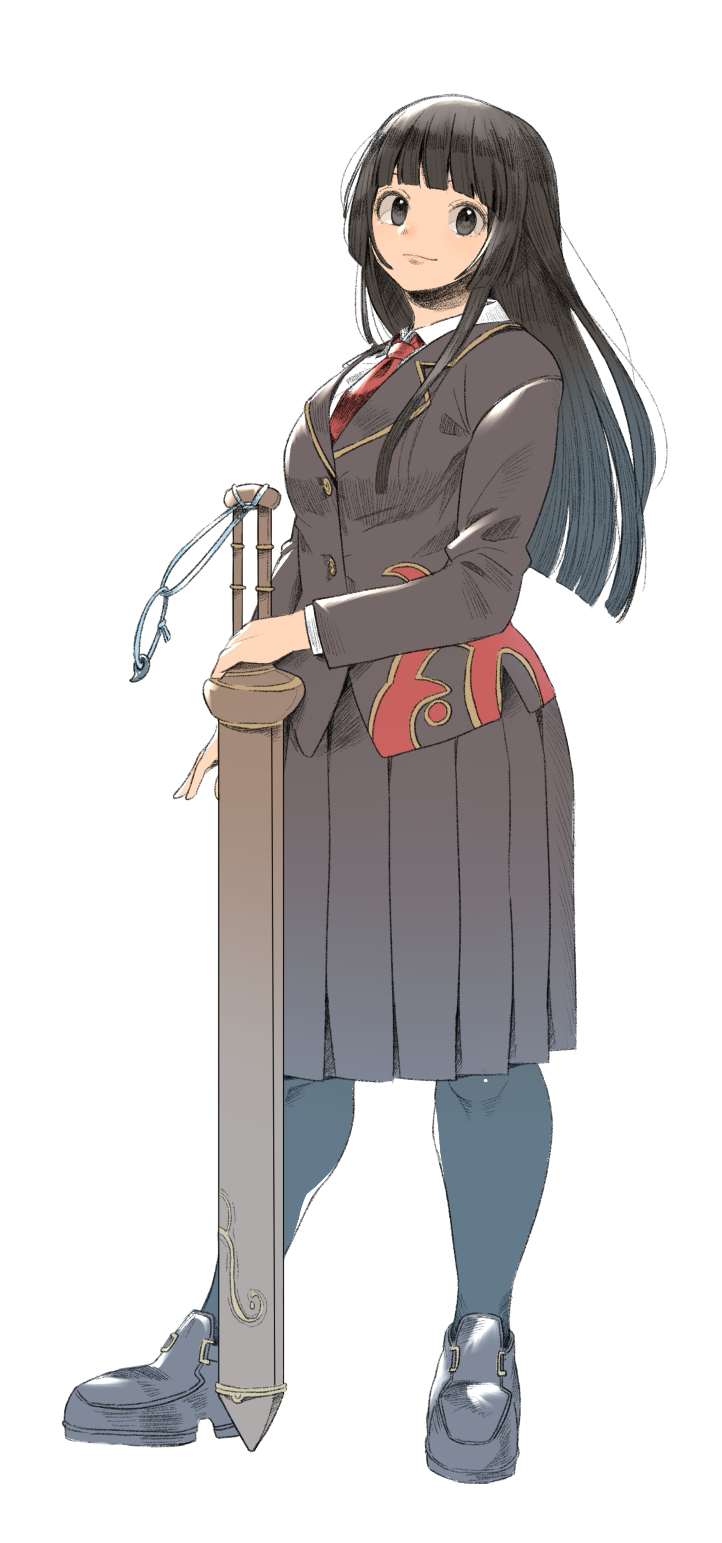 1girl bangs black_eyes black_hair black_thighhighs blunt_bangs closed_mouth collared_shirt full_body highres holding holding_sword holding_weapon k_ei3k loafers long_hair long_sleeves magatama master_2_(housamo) medium_skirt necktie pleated_skirt red_necktie school_uniform shirt shoes skirt smile solo sword thighhighs tokyo_afterschool_summoners weapon white_background