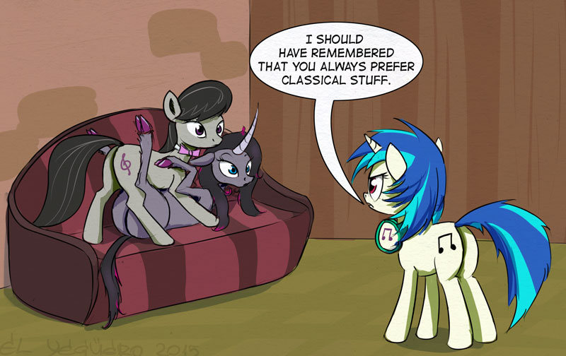 2015 black_hair black_tail blue_tail bow_tie butt caught classical_unicorn cloven_hooves crossover curved_horn cutie_mark dialogue digital_media_(artwork) ears_down earth_pony el-yeguero equid equine female female/female female_on_bottom female_on_top feral friendship_is_magic fur furniture grey_body grey_fur group hair hasbro headphones headphones_around_neck hooves horn horse humor infidelity lying mammal my_little_pony octavia_(mlp) oleander_(tfh) on_back on_bottom on_front on_sofa on_top pivoted_ears pony pun purple_eyes purple_hooves sofa speech_bubble them's_fightin'_herds trio unicorn unicorn_horn vinyl_scratch_(mlp) white_body