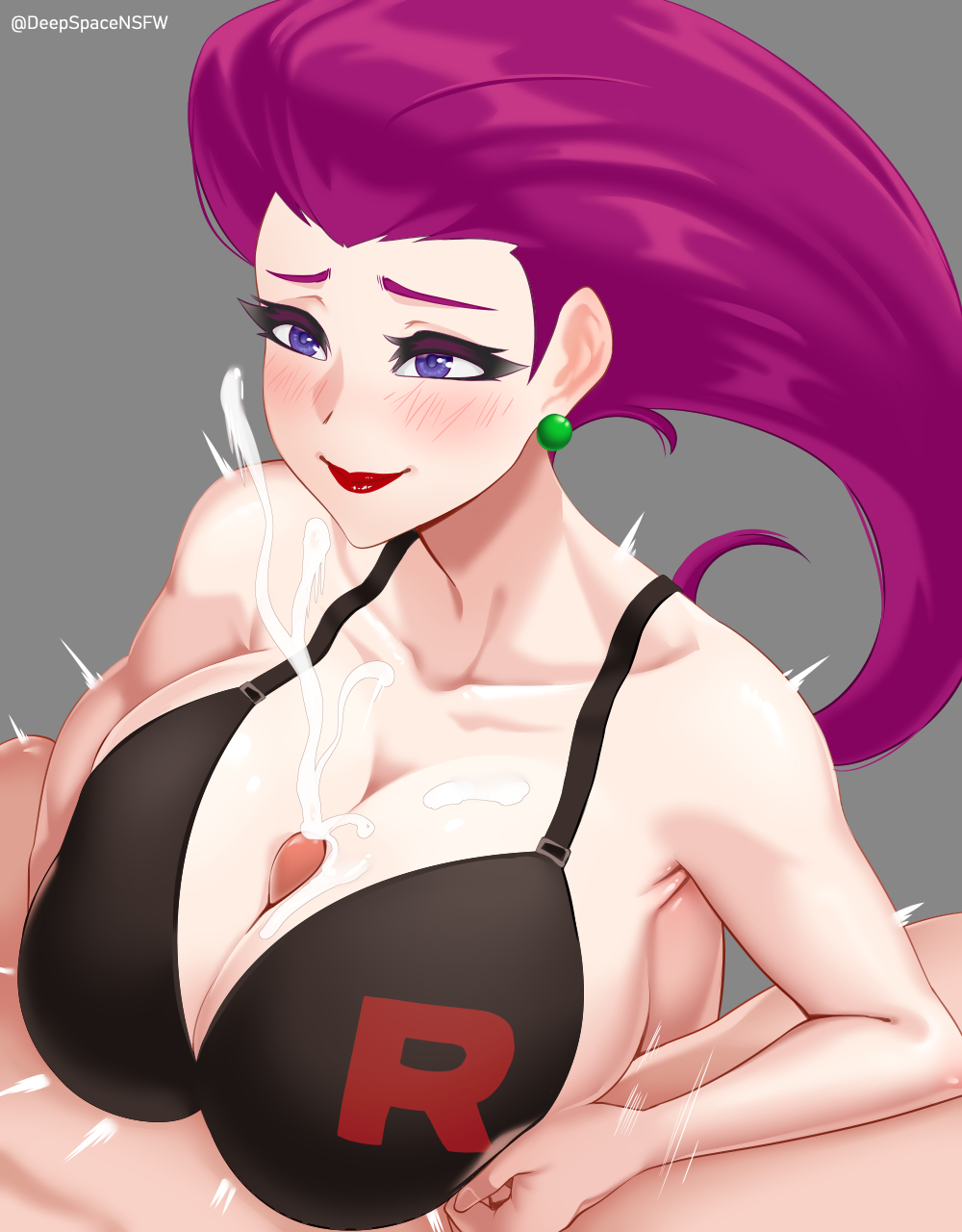 1boy 1girl black_bra blue_eyes blush bra breast_squeeze breasts cleavage cum cum_on_body cum_on_breasts dark_penis deepspace earrings ejaculation english_commentary grey_background hair_slicked_back hetero highres huge_breasts jessie_(pokemon) jewelry lipstick long_hair makeup paid_reward_available paizuri paizuri_under_clothes penis pokemon pokemon_(anime) print_bra projectile_cum purple_hair red_lips single_letter smile solo_focus team_rocket thick_eyelashes twitter_username uncensored underwear