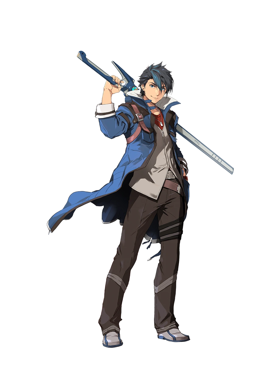 1boy bangs belt black_hair black_pants blue_coat blue_eyes blue_hair brown_belt closed_mouth coat collarbone dog_tags earrings eiyuu_densetsu enami_katsumi falcom full_body grey_vest hair_between_eyes hand_in_pocket highres holding holding_sword holding_weapon jewelry kuro_no_kiseki long_sleeves looking_at_viewer male_focus metal_belt multicolored_hair multiple_belts official_art open_clothes open_coat pants partially_unzipped red_shirt shirt shoes short_hair silver_footwear simple_background smile smug solo spiked_hair standing strap swept_bangs sword thigh_strap two-tone_hair van_arkride vest weapon white_background wristband