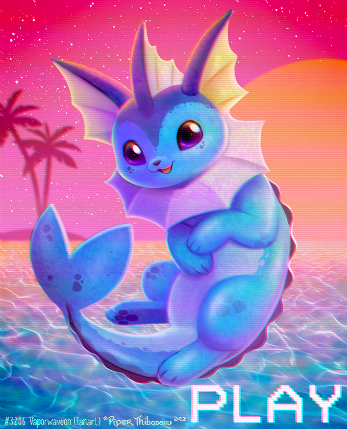 2022 ambiguous_gender blue_body cryptid-creations eeveelution english_text feral generation_1_pokemon looking_at_viewer nintendo open_mouth outside palm_tree plant pokemon pokemon_(species) purple_eyes sea silhouette sky solo star starry_sky sun sunset text tree vaporeon video_games water white_body