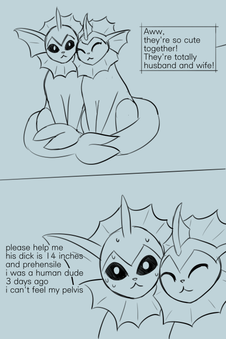 bodily_fluids dialogue duo eeveelution english_text eyes_closed feral generation_1_pokemon humor male male/male nintendo pokemon pokemon_(species) sitting sketch smile sweat text textbox unknown_artist vaporeon video_games