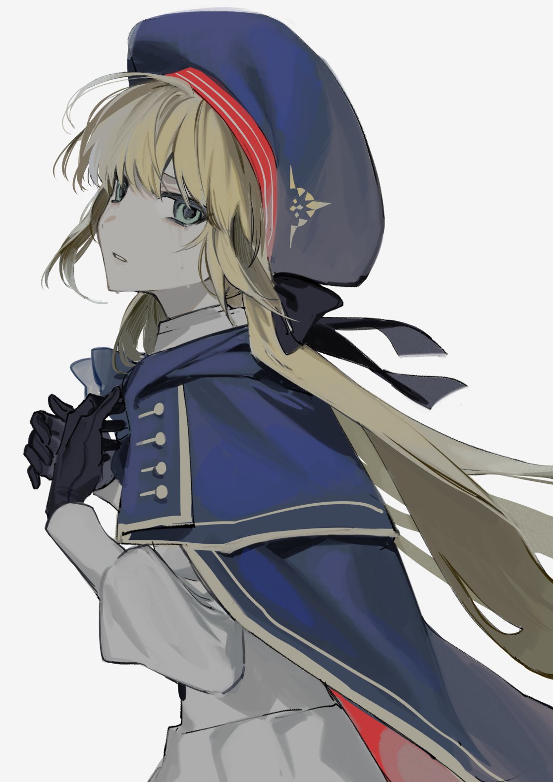 1girl ahoge artoria_caster_(fate) artoria_caster_(second_ascension)_(fate) artoria_pendragon_(fate) beret black_bow black_thighhighs blonde_hair blue_cloak blue_headwear bow buttons cloak collared_shirt fate/grand_order fate_(series) gloves green_eyes hair_bow hat highres long_hair long_sleeves open_mouth ornament purple_bow shirt skirt thighhighs white_background white_skirt x49xp