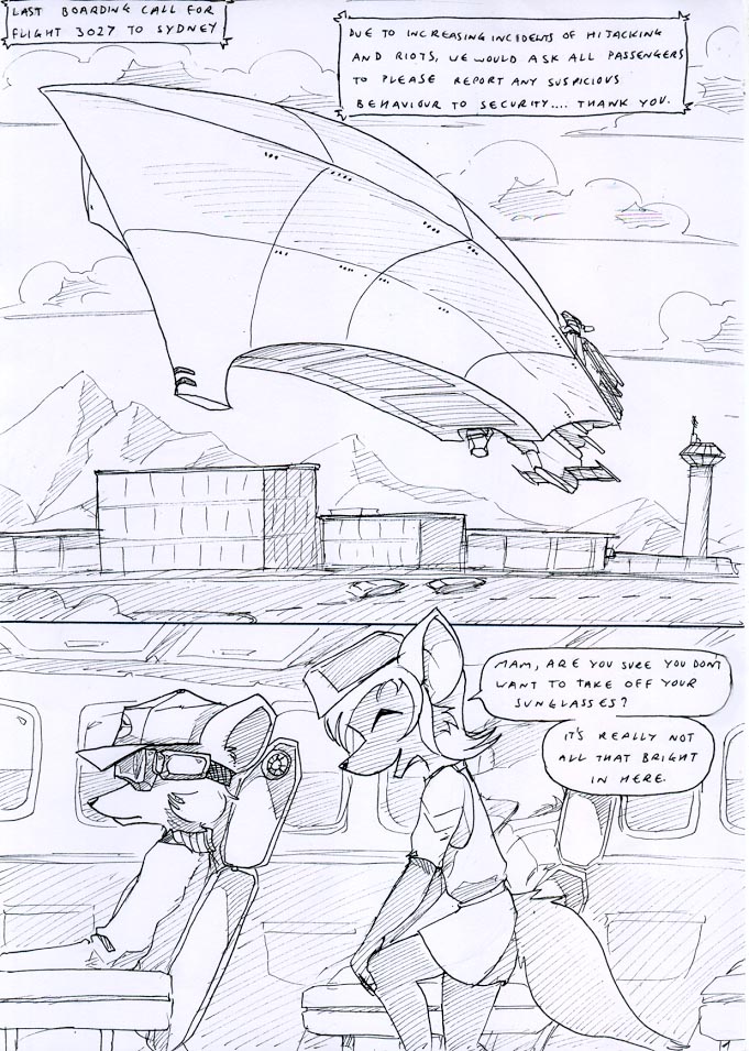 aircraft airport airship anthro asking background_character black_and_white bottomwear building canid canine car chair clothing cloud comic commercial_vehicle crouching curious dasyuromorph dialogue disguise duo english_text eyes_closed eyewear female flight_attendant flight_attendant_uniform furniture hair hat headgear headwear jacket kitfox-crimson long_hair mammal marsupial monochrome mountain open_mouth rumour_(kitfox-krimson) seat sketch skirt sky smile speech_bubble street sunglasses text thylacine topwear tower vehicle window