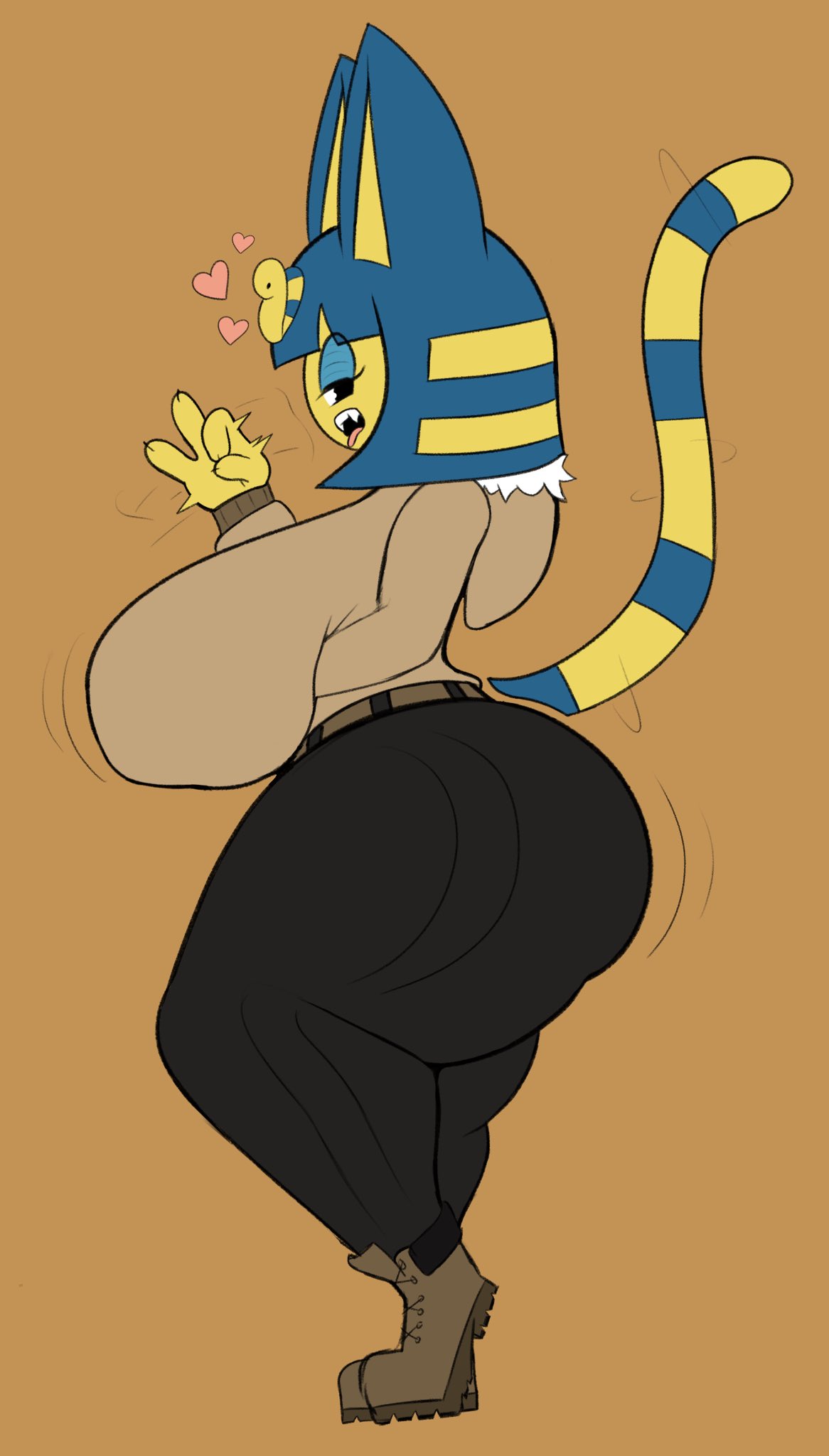 &lt;3 2022 25circle 4_fingers animal_crossing ankha_(animal_crossing) anthro belt big_breasts black_eyes blue_hair bottomwear breasts clothed clothing curvy_figure domestic_cat egyptian_headdress eyeshadow fangs felid feline felis fellatio_gesture female fingers footwear fully_clothed gesture hair half-closed_eyes hand_under_breast hi_res huge_breasts jacket looking_at_viewer makeup mammal motion_lines narrowed_eyes nintendo open_mouth orange_background pants shoes short_hair side_view simple_background solo standing suggestive suggestive_gesture teeth thick_thighs tongue tongue_out topwear video_games voluptuous wide_hips