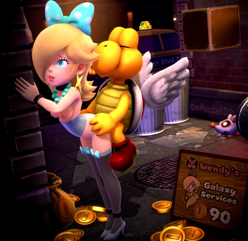 3d bdsm blonde_hair blue_eyes bondage bound bowser breasts coin from_behind gold_coin high_heels kooper mario_(series) non-web_source onmodel3d open_mouth prostitution rosalina scaredy_rat sex taxi wendy_o._koopa